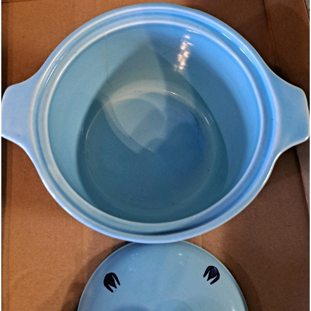 Vtg MCM Cronin Pottery DutchBlue Tulip Pattern Bean‎ Pot Casserole 2 QT Made USA